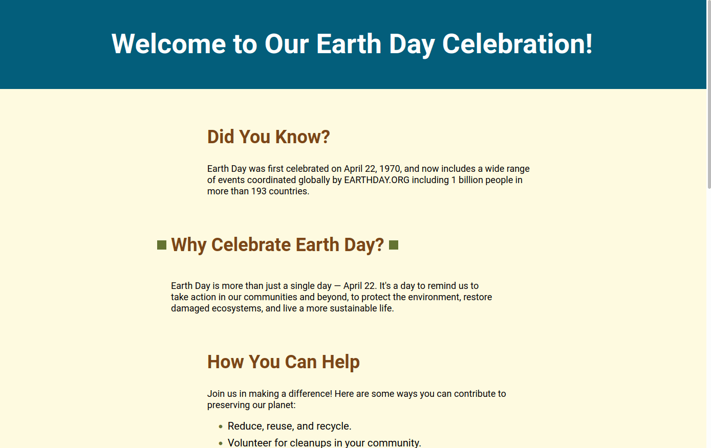 Earth Day Celebration Landing Page